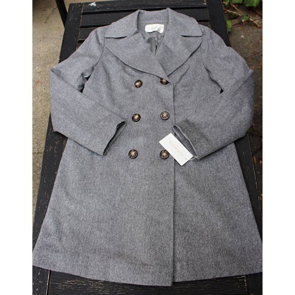 New w/Tags Fleurette Notch Collar Double Breasted Wool Coat in Grey Heather, 14 - Picture 5 of 14